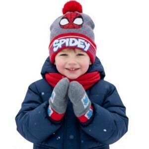 Marvel Spider-Man Spidey Knit Boy Beanie Hat with Pom & Gloves Set (One Size)NWT
